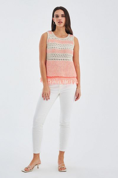Peraluna Kıyo Blouse Tassel Λεπτομερή Αμάνικη Καλοκαιρινή Γυναικεία Πλεκτή Μπλούζα - Μπεζ/νέον πορτοκαλί