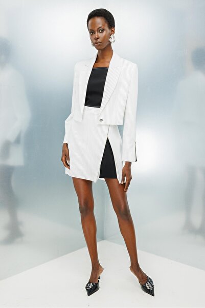 Moda İlgi Modailgi Fermuar Detaylı Yırtmaç Görünümlü Çizgili Çan Etek - 7548 Ekru