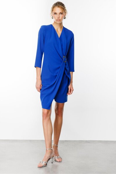 Moda İlgi Modailgi  Truvakar Kol Tokalı Kruvaze Elbise Saks