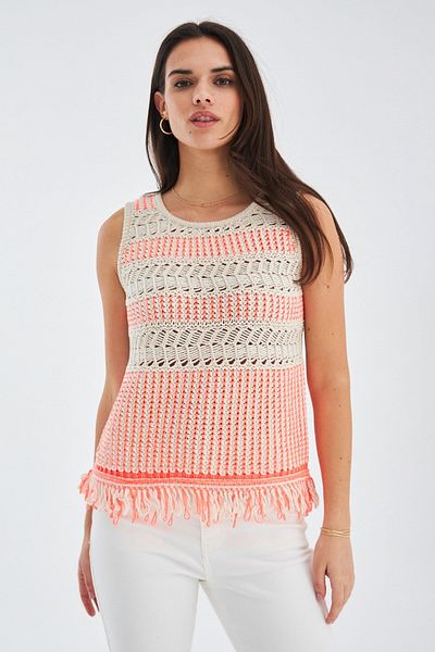 Peraluna Kıyo Blouse Tassel Λεπτομερή Αμάνικη Καλοκαιρινή Γυναικεία Πλεκτή Μπλούζα - Μπεζ/νέον πορτοκαλί