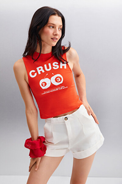 GRIMELANGE AZURA Red Crop Short Sleeve Women's T-Shirt - Printed