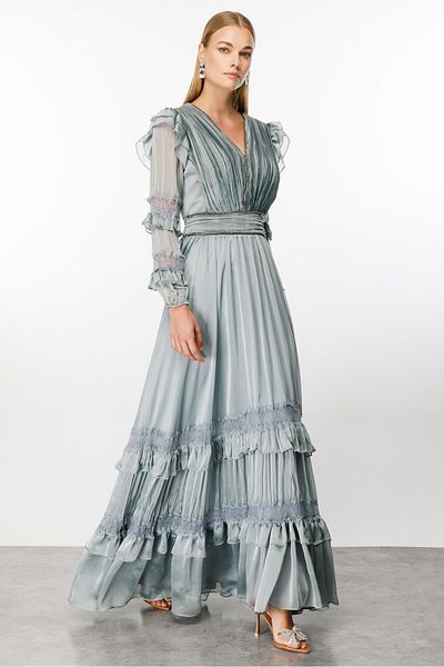 Moda İlgi Gray Pleated Dress - Modailgi Lace Detail