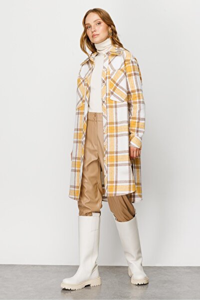 Moda İlgi Modailgi Cep Detaylı Ekose Uzun Tunik Hardal