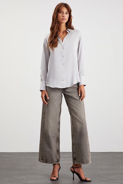 GRIMELANGE Sheila Women's Gray Premium Satin Relaxed Fit Long Sleeve Shirt