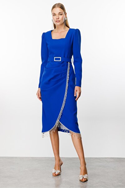 Moda İlgi Modailgi  Saçak Taş Detaylı Anvelop Elbise Saks