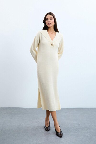 Serianno Organik Pamuk Karışımlı Düğme Detaylı Pullu Midi Elbise
