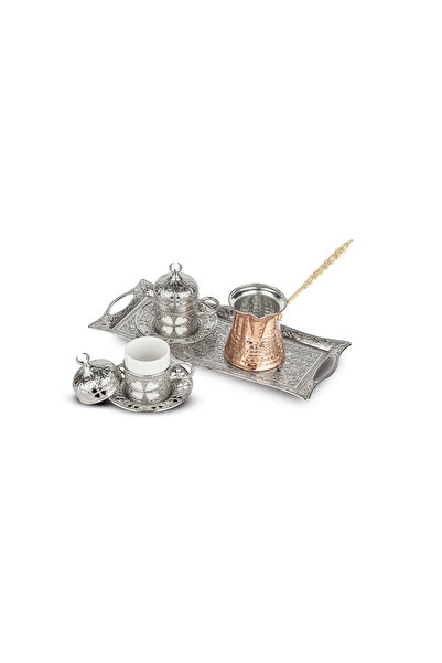 Sena Yonca Bakır Cezveli Ve Dikdörtgen Tepsili 2 Kişilik Kahve Seti (125-BC-K)
