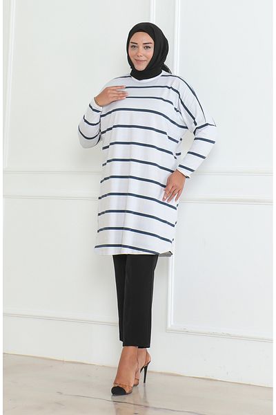 sefamerve Large Size Combed Cotton Relaxed Cut Tunic 8741-01 White