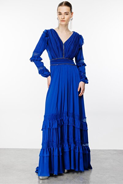 Moda İlgi Saks Blue - Lace Pleated Fashion Dress