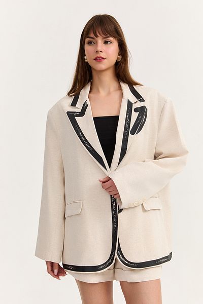 Quzu Print Detailed Linen Blazer Jacket Natural