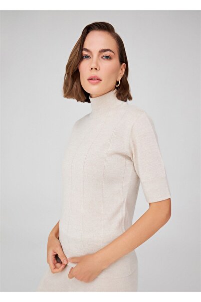 Peraluna Betty Blouse - Turtleneck, Short Sleeve, Thin Design, Ecru Melange Women's Knitwear Blouse