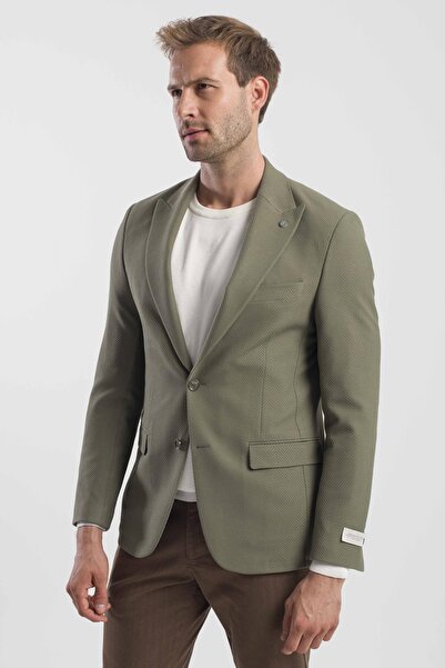 Jakamen Khaki Slim Fit Patterned Pointed Collar Jacket