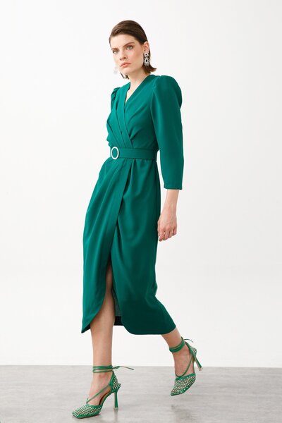 Moda İlgi Модель Kruvaze Midi Сукня Зелена