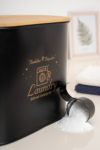 Lura Metal İki Bölmeli Bambu Kapaklı Siyah 12 lt Metal Tablet Deterjan Saklama Kutusu - Banyo Düzenleyici