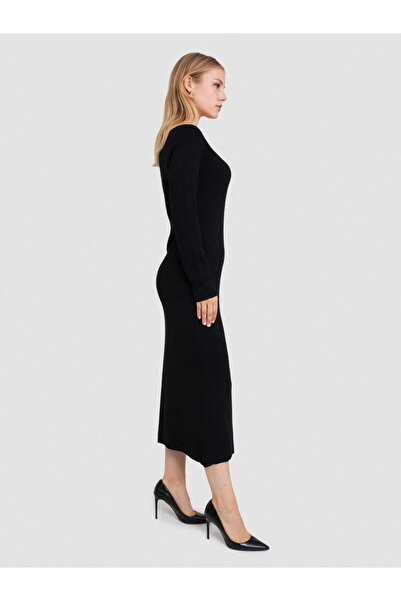 Serianno Kare Yaka Metalik Ipli Streç Elbise Elb7260sıyah