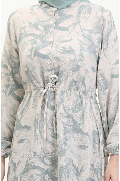 sefamerve Buttoned Front Lace up Linen Dress 0520A-01 Beige Green