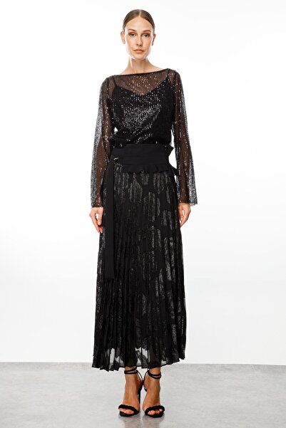 Moda İlgi Modailgi  Simli Jakarlı Plisoley Etek Siyah