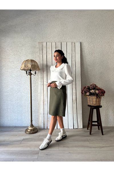 KÜÇÜĞÜM BUTİK Χακί πράσινη κοντή βελονιά φούστα