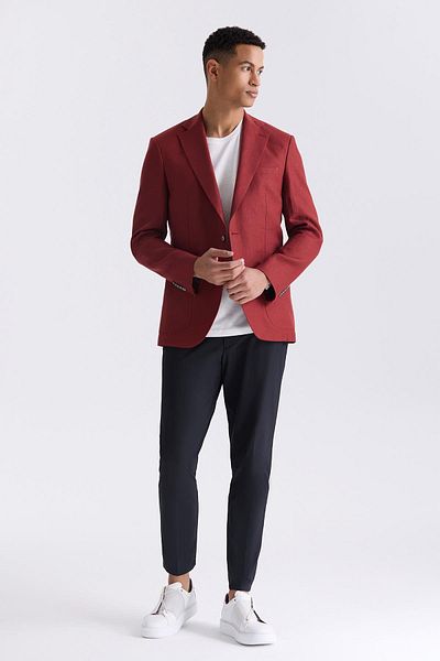 Jakamen Red Slim Fit Mono Collar Linen Sports Jacket