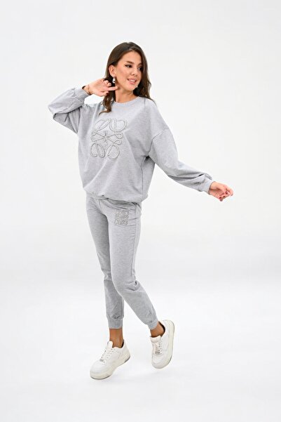 Koza Butik Γυναικείο Σετ Φούτερ με Πέτρα Λεπτομερές Κέντημα 4138-25