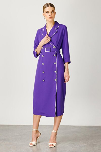 Moda İlgi Modailgi Stripe Stone Detailed Double Breasted Dress Purple
