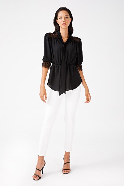 Moda İlgi Modailgi Beli Büzgülü Dantel Detaylı Gömlek Siyah