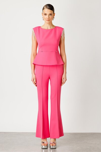 Moda İlgi Modailgi  Omuzdan Taş Püsküllü Beli Zincir Detaylı Kolsuz Bluz Pembe