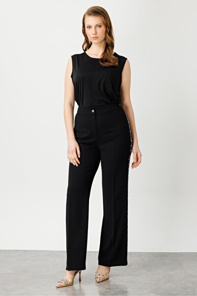 Moda İlgi Modailgi Yanları Taş Şeritli Geniş Paça Pantolon - 5005 Siyah