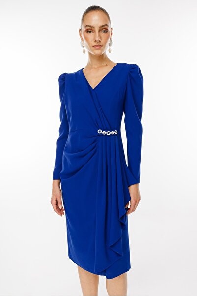 Moda İlgi Modailgi  Kruvaze Volan Detaylı Elbise Saks