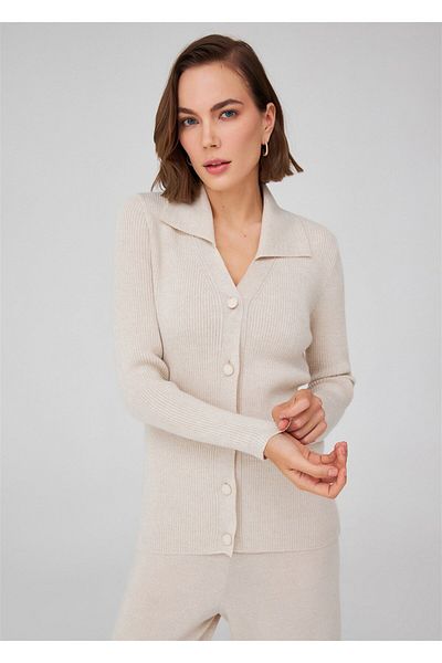 Peraluna Cardigan tricotat pentru femei Polo cu decolteu în V cu nervuri - Ecru Melange