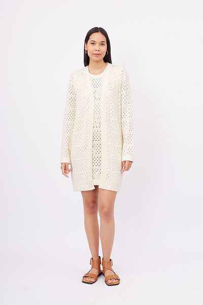 Peraluna Isabel Cardigan - Cardigan lung pentru femei din bumbac organic ecru ajurat