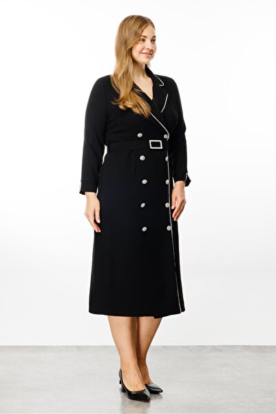Moda İlgi Black Double-breasted Fashionable Dress - Stripe and Stone Detail