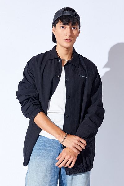 Manche Parachute Fabric Printed Rainproof Oversize Coat with Snap Fasteners |   Black Mnw 345791 -01