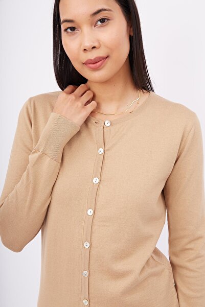 Peraluna Mıla Cardigan Crew Neck Camel Knitwear Women's Cardigan - Basic Cotton