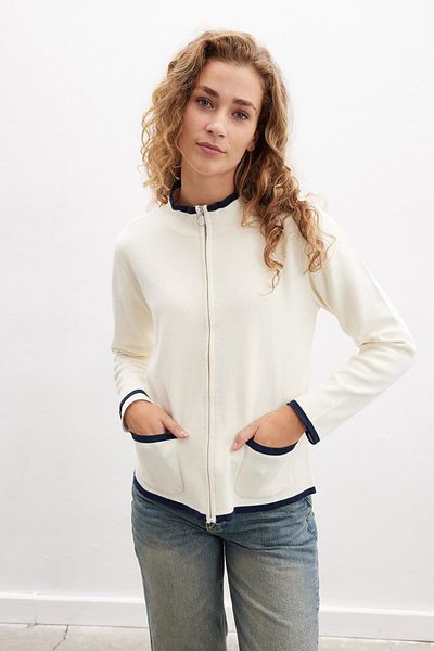 Peraluna Cardigan de vară de culoare ecru - Cardigan de vară tricotat de oțel din bumbac organic pentru femei, cu fermoar și buzunare