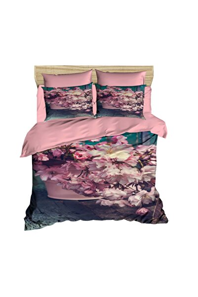 Fabeteks Pink 3D Digital Double Duvet Cover Set in Cherry Blossoms Pot