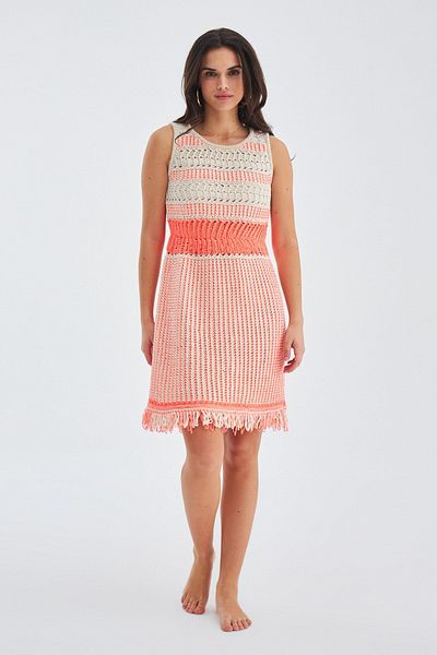 Peraluna Rochie Kiyo, fără mâneci, din bumbac, până la genunchi, rochie de vară pentru femei - bej/portocaliu neon