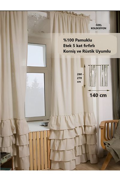 Perdeplus ستارة من الكتان القطني الطبيعي بتصميم مكشكش (أعلى حجم كبير) - جناح واحد - بدون طيات