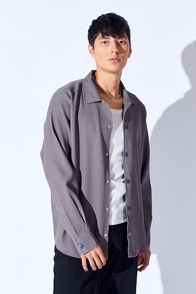 Manche Flexible and Thick Textured Anthracite Men's Outer Shirt - Oversize Snap Mnw 128996 -01