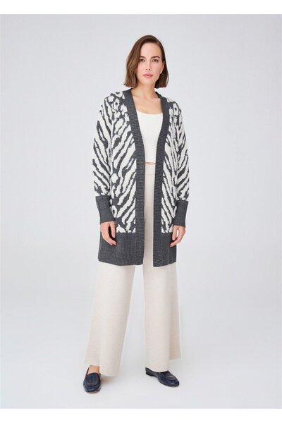Peraluna Uzun Zebra Desenli Kadın Triko Hırka - Antrasit Melanj