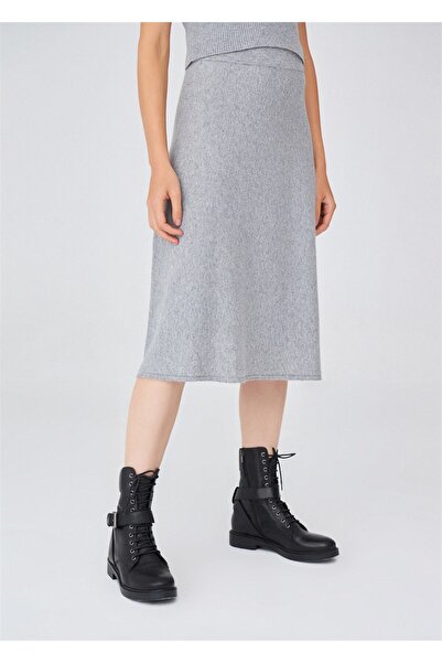 Peraluna Gray Melange Cashmere Blend - Knee-Length Knit Skirt, Flared Cut