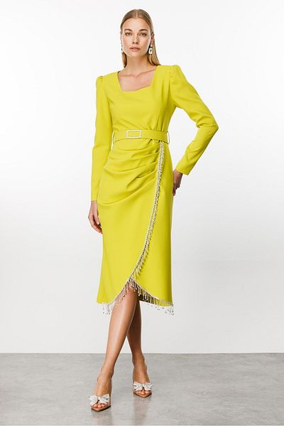 Moda İlgi Modailgi Fringe Stone Detailed Wrap Dress Acid