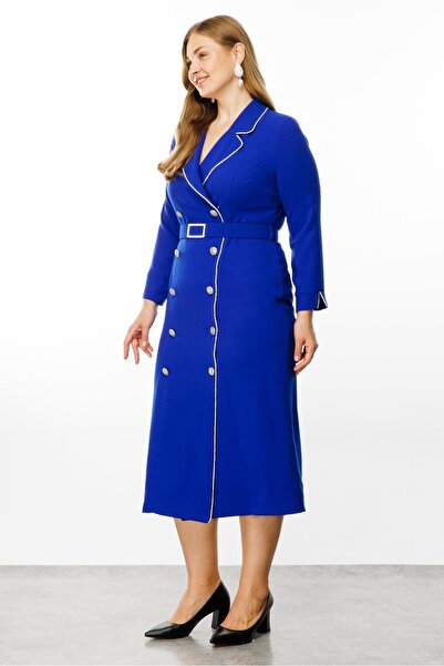 Moda İlgi Saks Blue - Modailgi Stripe Stone Λεπτομερές φόρεμα με διπλό στήθος