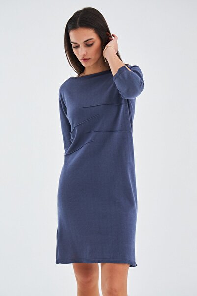 Peraluna Kayık Yaka Sade Yazlık Kadın Triko Elbise - Gri/mavi