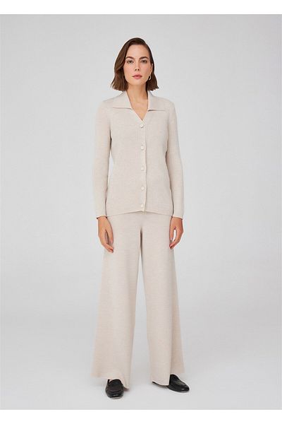Peraluna Cardigan tricotat pentru femei Polo cu decolteu în V cu nervuri - Ecru Melange