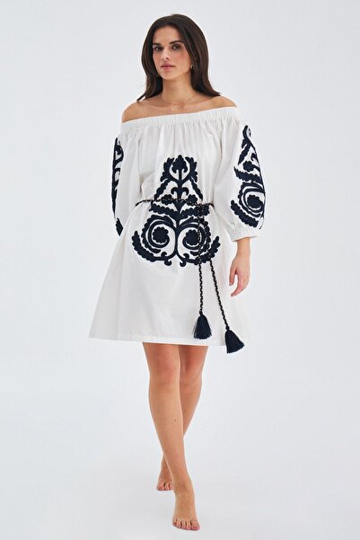 Peraluna Masumı Dress %100 Pamuk Diz Hizası Yazlık Kadın Elbise - Beyaz/lacivert