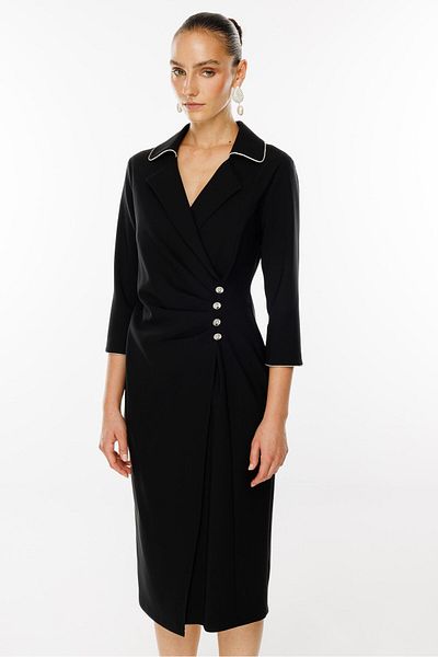 Moda İlgi Μαύρο Midi Length Modailgi Φόρεμα με τρία τέταρτα μανίκια - Λεπτομέρεια πιέτα στη μέση