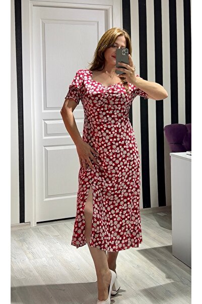 VOSEM BUTİK PAPATYA DESENLİ KIRMIZI YEŞİL RENK SEÇENEKLİ ELBİSE