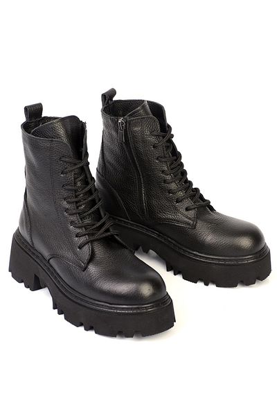 ShoeTek Helgı Γυναικείες Μαύρες Γνήσιες Δερμάτινες Μπότες - Μπότες με κορδόνια