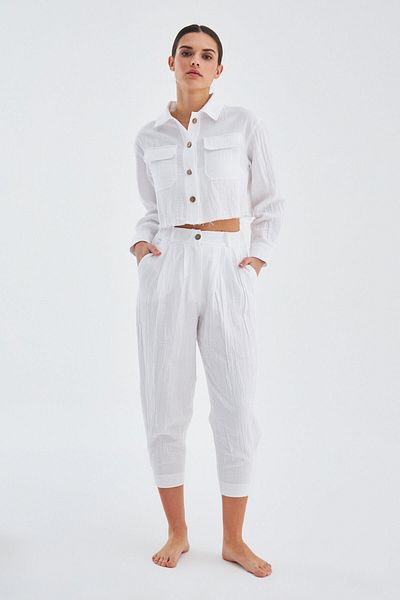 Peraluna Cămașă de damă Summer Pocket Crop - Loose Fit, Albă
